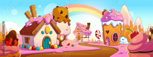 Sweet candy land background. Fantasy game cartoon landscape. Chocolate cake, dessert and cute rainbow illustration for fairytale backdrop. Birthday world with pink biscuit and fantastic confectionery