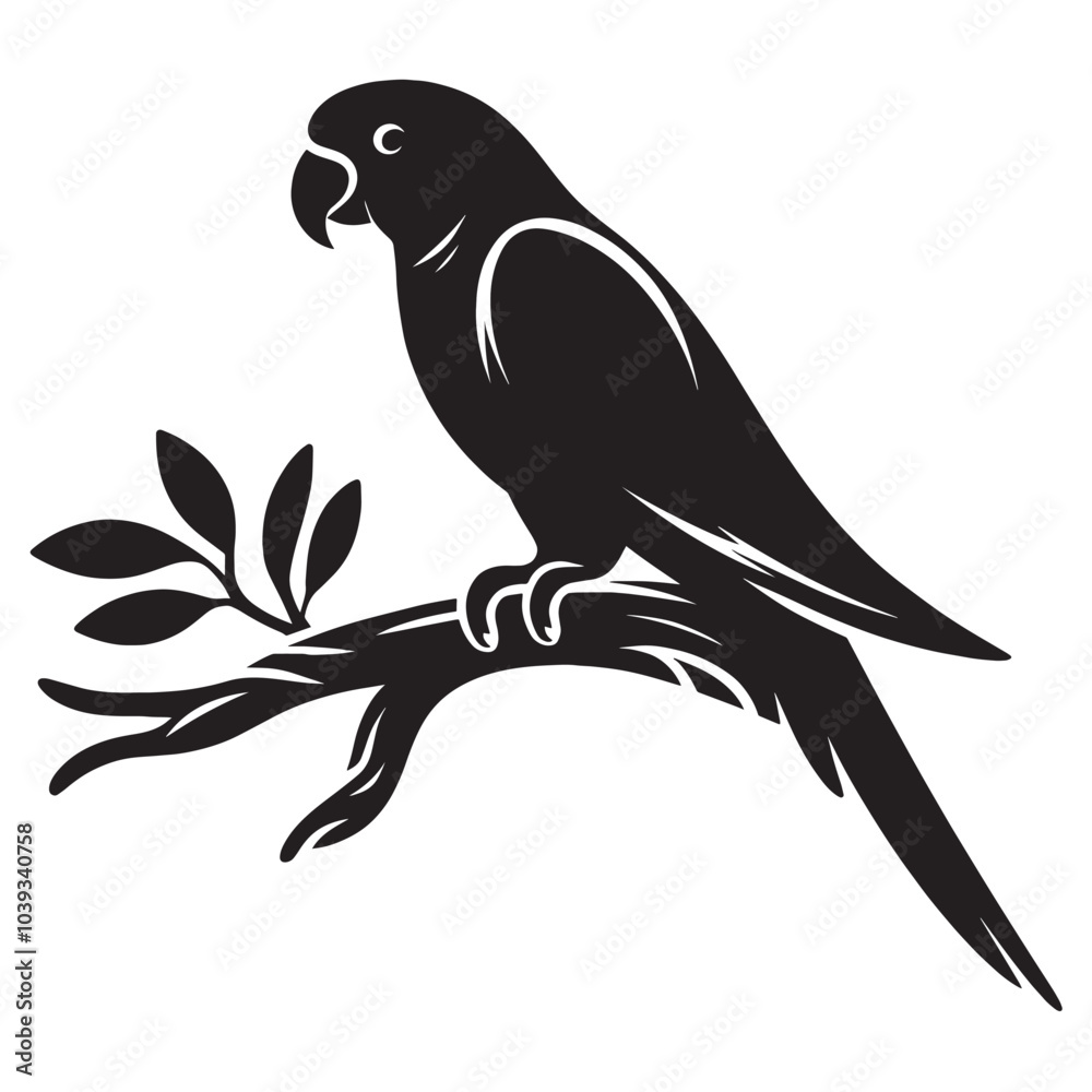 Fototapeta premium Black and white silhouette of a parrot on a branch.