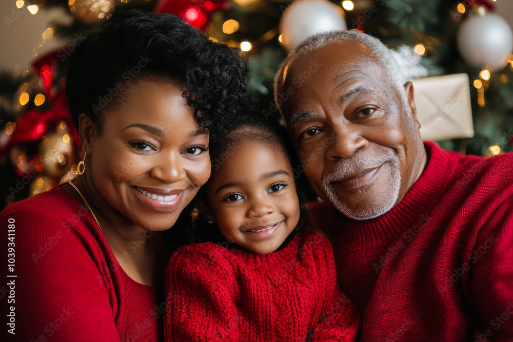 A smiling family of three, dressed in matching red sweaters, gathers closely together in front of a decorated Christmas tree, radiating joy and warmth. A smiling family of three, dressed in matching red sweaters, gathers closely together in front of a decorated Christmas tree, radiating joy and warmth.