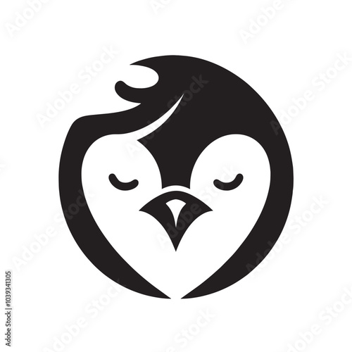 Black and white silhouette of a penguin's head with closed eyes.