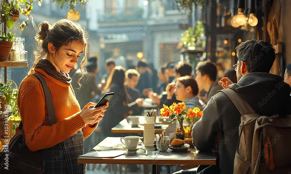 A cozy caf? scene with a woman using her phone amidst patrons.