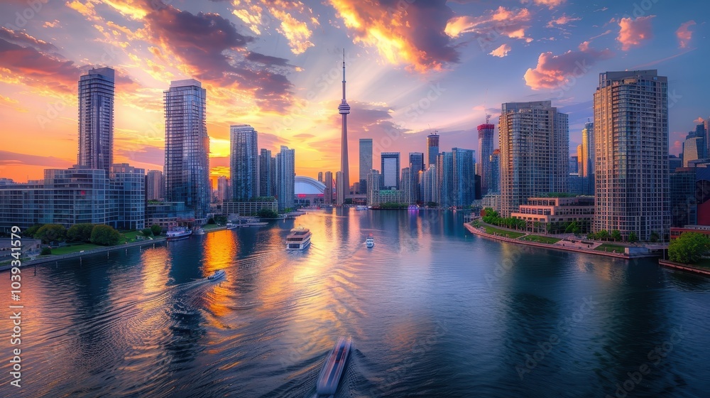 Fototapeta premium Vibrant City Skyline at Sunset with Skyscrapers
