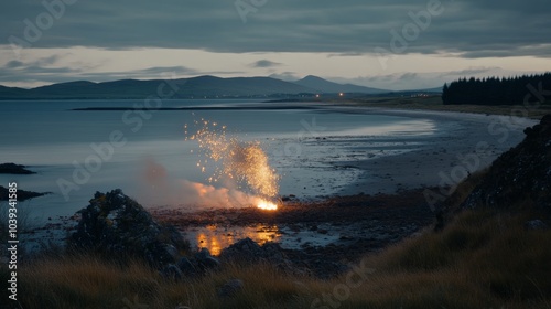 Serene Coastal Scene with Glowing Ocean Reflections photo