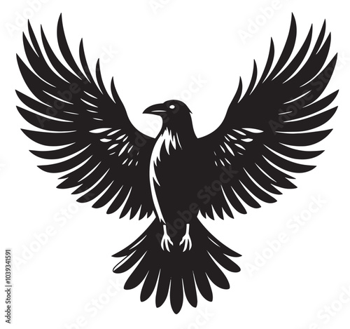 Black and white silhouette of a raven with its wings spread.
