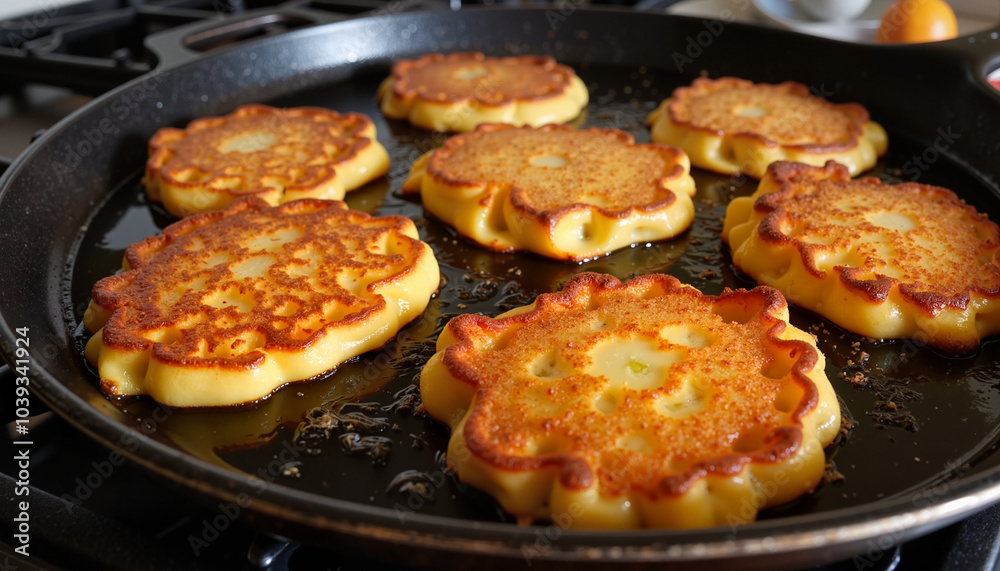 Golden latkes frying in pan on stovetop Golden latkes frying in pan on stovetop