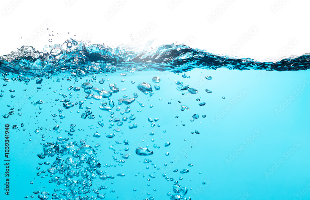 Air Bubbles Float Up Under Water. Water Splashing. Water Wave. Oxygen Relaxation. Blue Water Textured on White Background. Air Bubbles Float Up Under Water. Water Splashing. Water Wave. Oxygen Relaxation. Blue Water Textured on White Background.