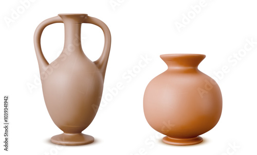 Brown clay vessel - pottery vase and jar. Realistic 3d vector illustration set of ancient ceramic earthenware. vintage traditional Greek handicraft crockery utensil. Porcelain roman crockery.