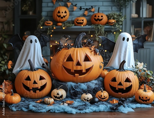 a group of pumpkins and ghosts

