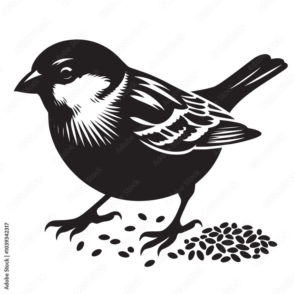 Fototapeta premium Black and white silhouette of a sparrow eating seeds.