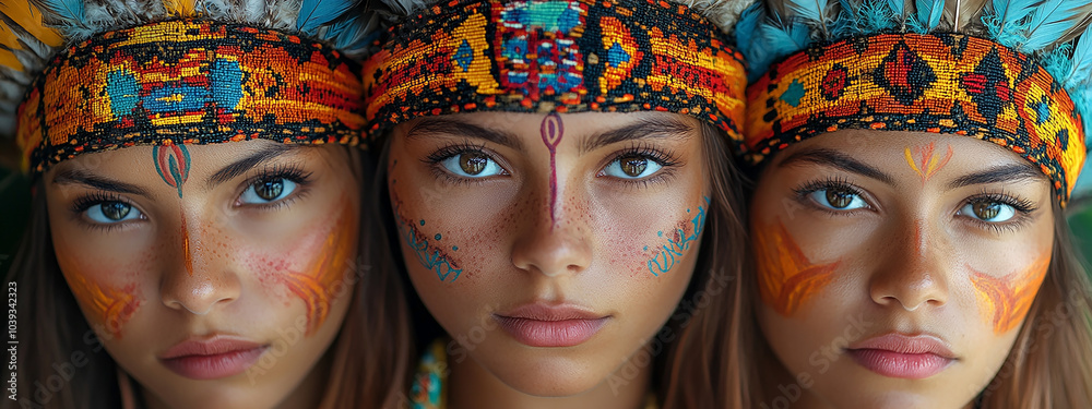 Obraz premium wide macro closeup photo of three women faces with highly detailed skin, face paint with blue and yellow colors and they looking at the camera directly with sharp eyes