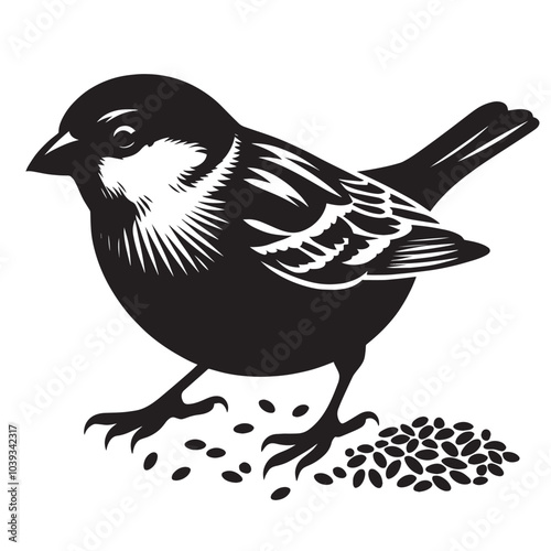 Black and white silhouette of a sparrow eating seeds.
