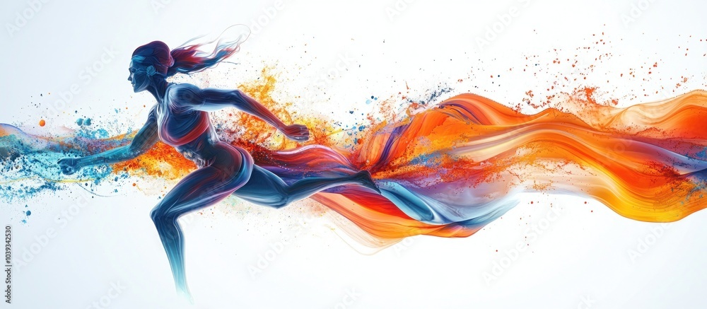 Obraz premium A female athlete runs through a vibrant stream of colorful paint, representing speed, energy, and motion.