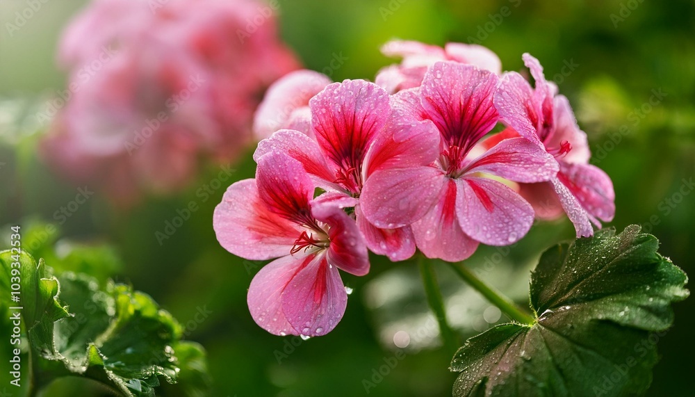 Naklejka premium Pelargonium zonale in summer garden with drops of water after rain
