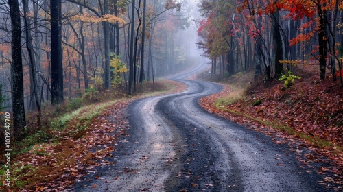 Winding Country Road with Fallen Leaves in Autumn photo