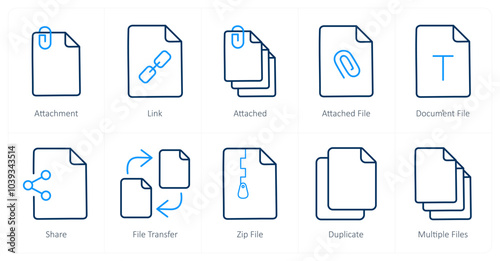 A set of 10 File icons as attachment, link, attached