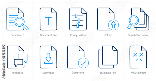 A set of 10 File icons as data search, document file, configuration