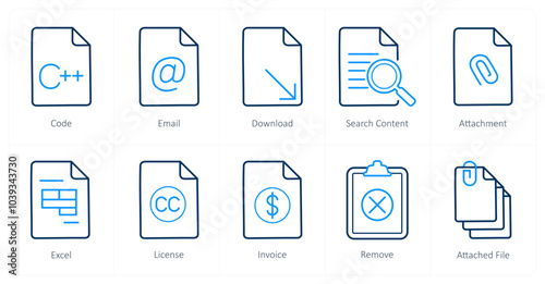 A set of 10 File icons as code, email, download