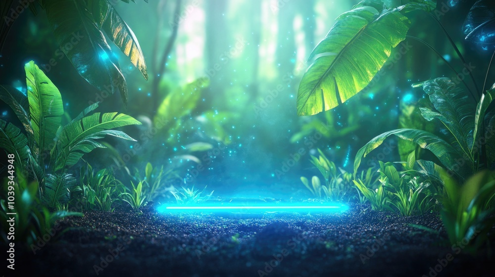 Obraz premium Enchanted forest glade with glowing portal and mystical atmosphere in lush greenery