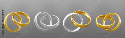 Gold and silver couple ring. 3d marriage jewelry vector. Two golden wedding jewel object. Realistic wife and husband celebration symbol. White platinum married circle pair for event. Romance gift