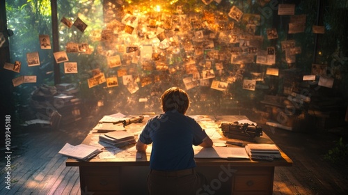 Inspired writer surrounded by vintage photos illuminated by sunlight