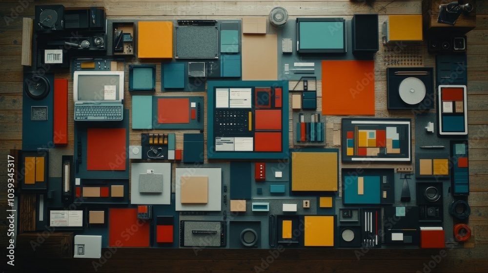A collection of office supplies and gadgets are arranged in a square pattern on a wooden table. A collection of office supplies and gadgets are arranged in a square pattern on a wooden table.