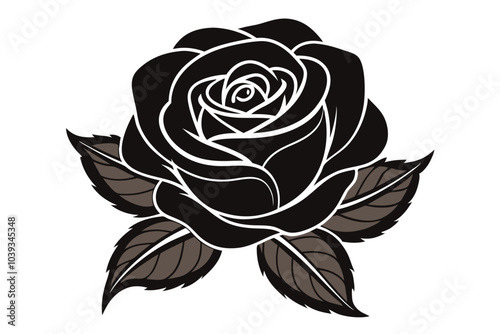 Black Rose Illustration Detailed and Elegant Dark Flower with Petals Isolated on White Background