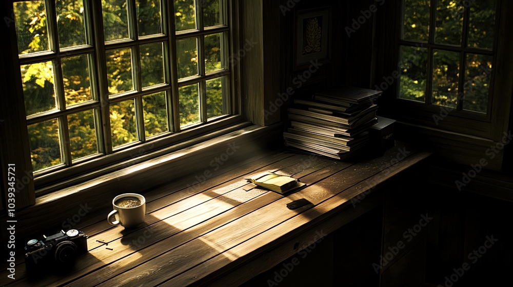Fototapeta premium A cup of coffee, a camera, a book, and a stack of books on a wooden table by a window overlooking a forest.