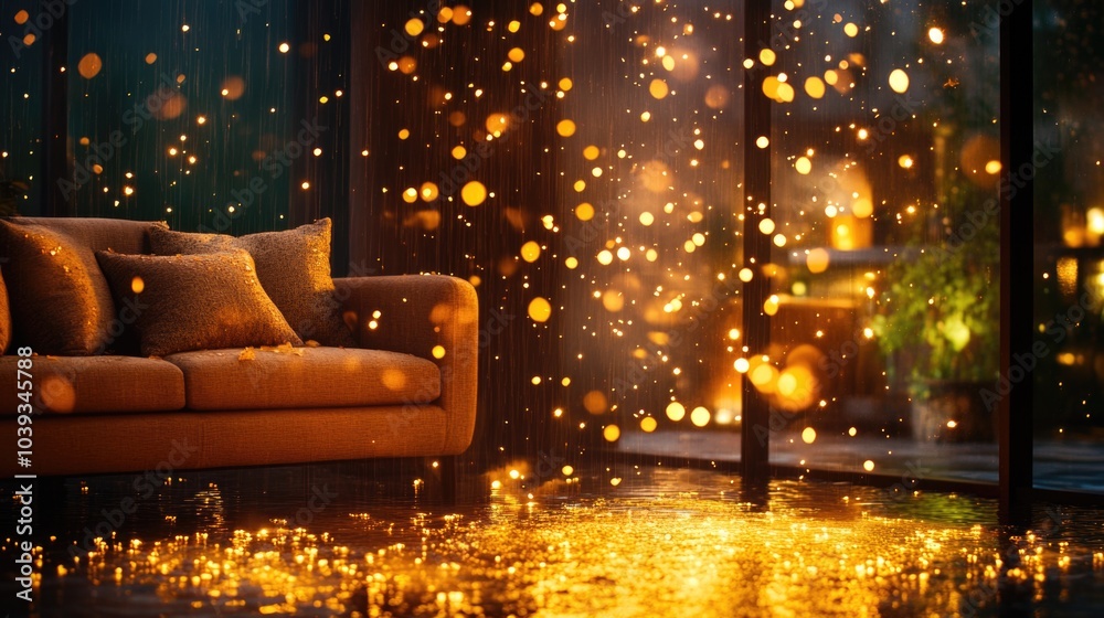Obraz premium Cozy living room with magical golden lights
