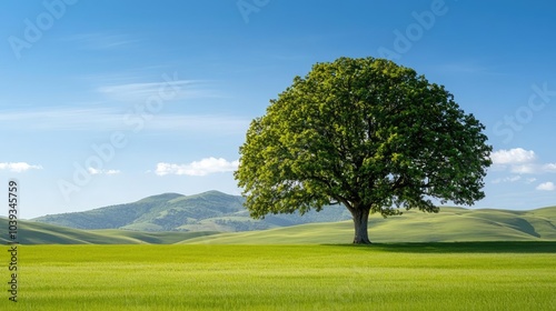 Solitary green tree on a vibrant green field under a clear blue sky.