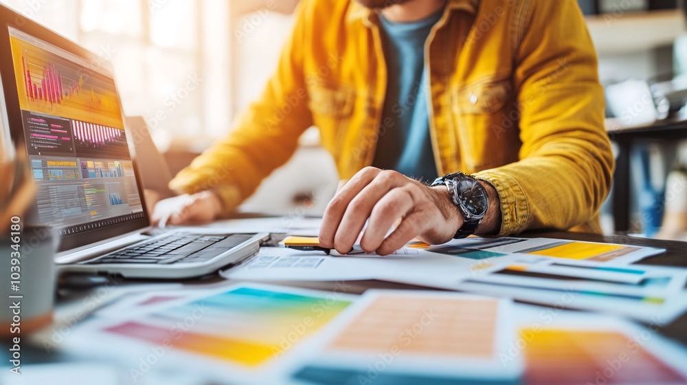 A man in a yellow jacket sits at his desk, working on his laptop and analyzing data on papers. A man in a yellow jacket sits at his desk, working on his laptop and analyzing data on papers.