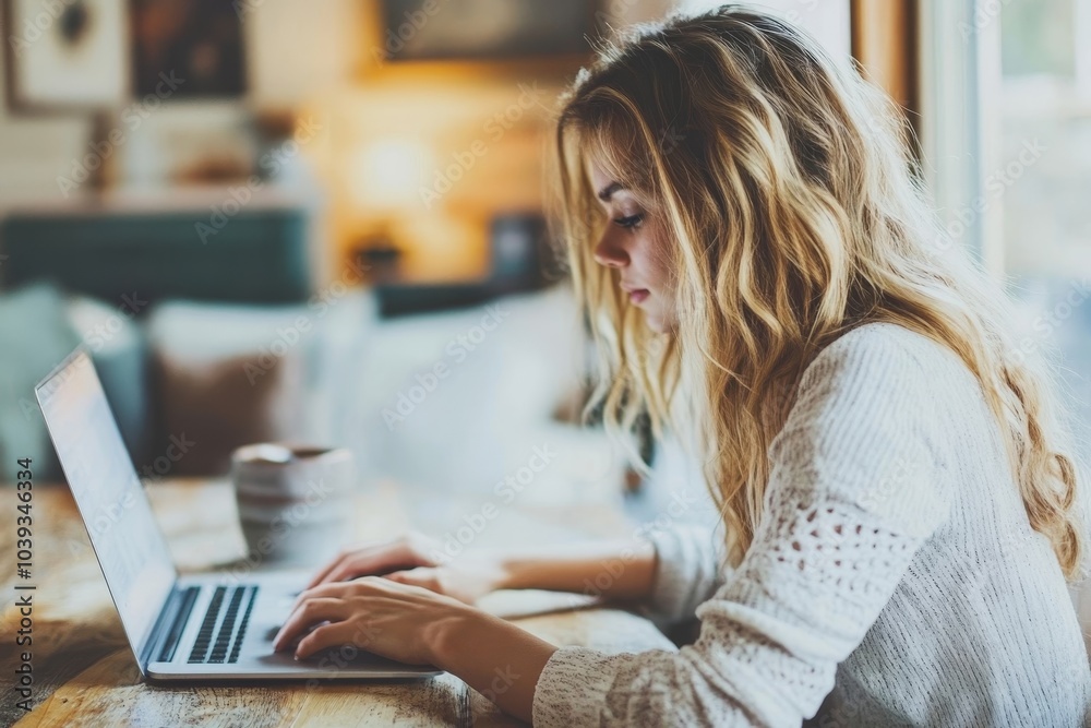 Woman working on laptop at home, Generative AI Woman working on laptop at home, Generative AI
