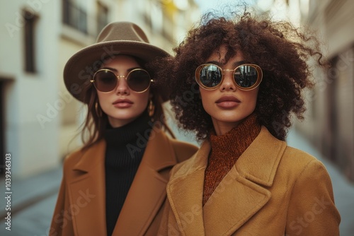Stylish female friends walking together, Generative AI