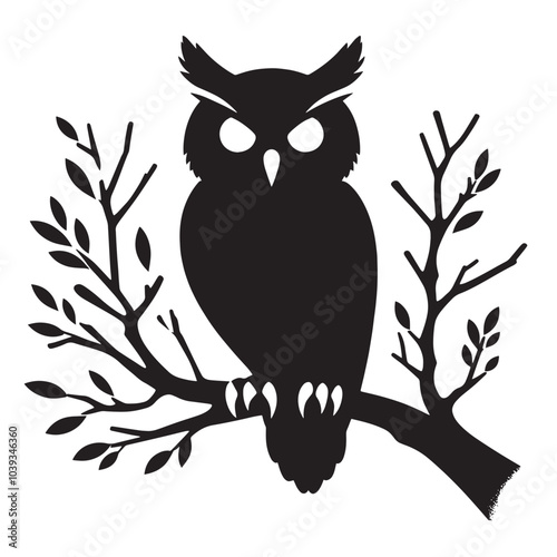 Black and white silhouette of an owl perched on a branch with leaves.