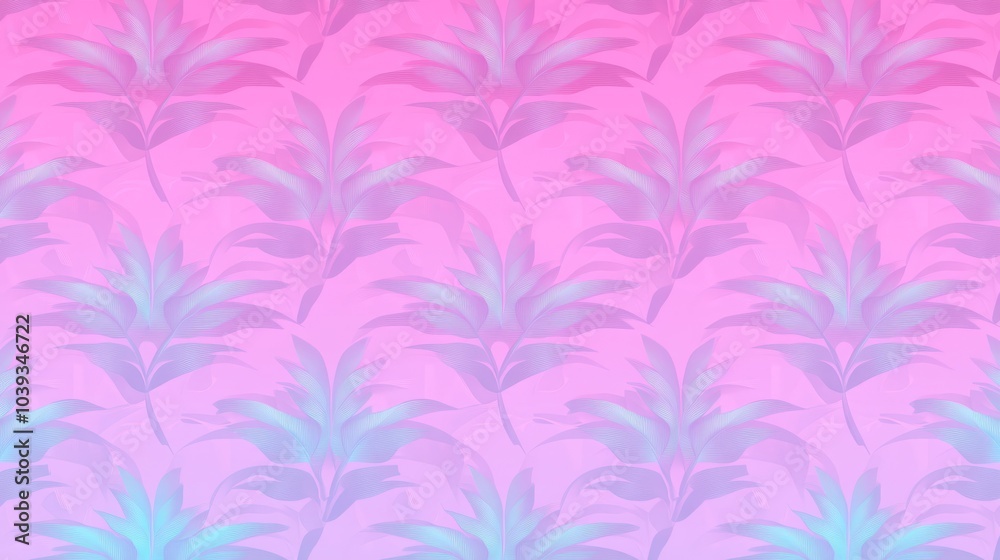 A seamless pattern of tropical leaves in a gradient of pink and blue. A seamless pattern of tropical leaves in a gradient of pink and blue.