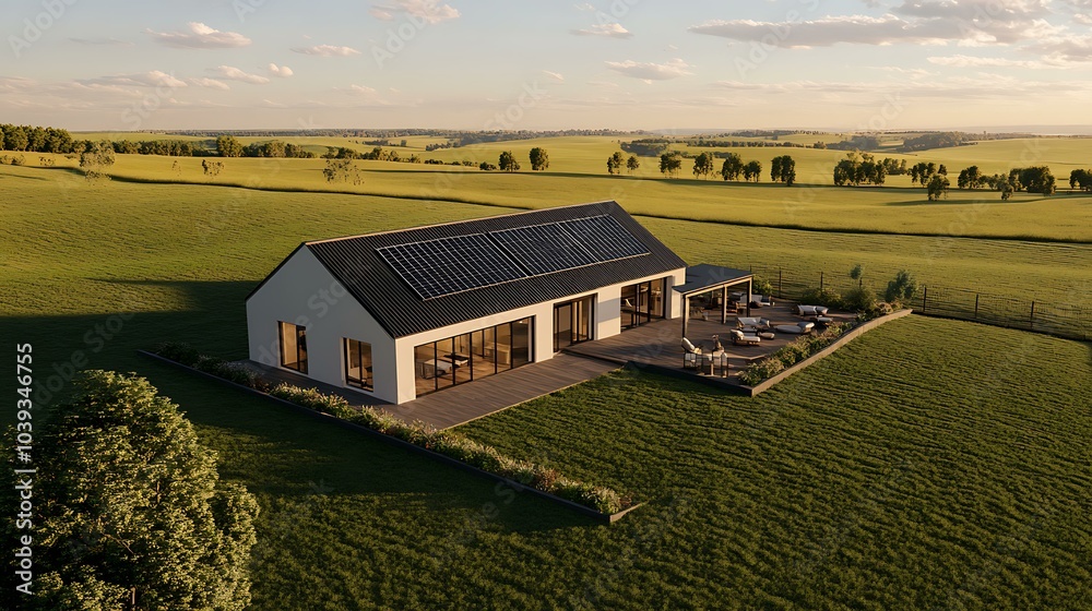 A modern farmhouse with solar panels on the roof, standing in contrast to the expansive green fields and open pasture, symbolizing sustainable living in a rural setting. A modern farmhouse with solar panels on the roof, standing in contrast to the expansive green fields and open pasture, symbolizing sustainable living in a rural setting.