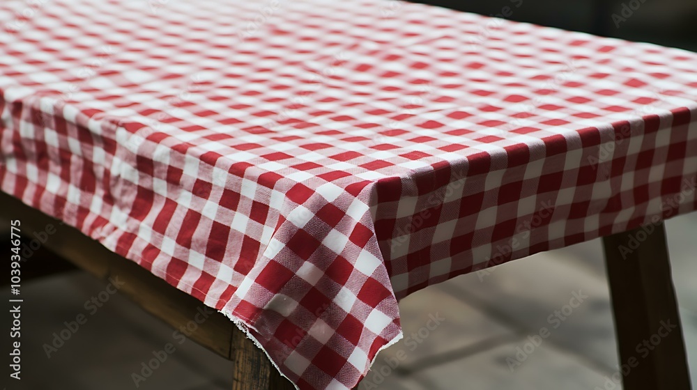 A red and white checked tablecloth neatly spread across a rustic wooden table, with soft natural light highlighting the texture of both the cloth and the wood grain, creating a cozy, inviting A red and white checked tablecloth neatly spread across a rustic wooden table, with soft natural light highlighting the texture of both the cloth and the wood grain, creating a cozy, inviting