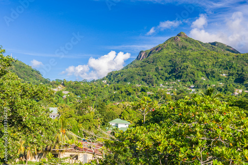 Mountains near Beau Vallon beach on Mahe island in Seychelles