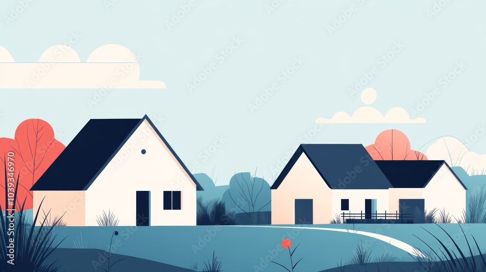 Minimalistic Landscape with Modern Houses and Natural Backdrop Minimalistic Landscape with Modern Houses and Natural Backdrop
