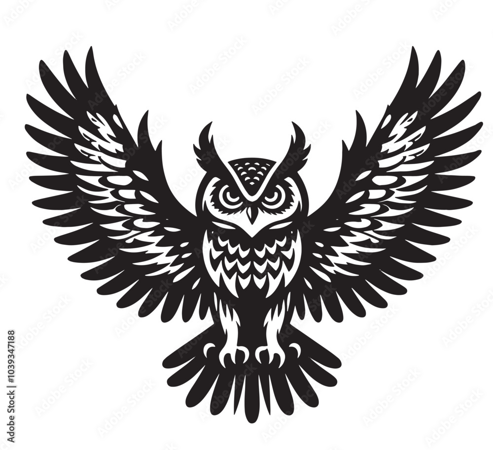 Fototapeta premium Black and white silhouette of an owl with wings spread.
