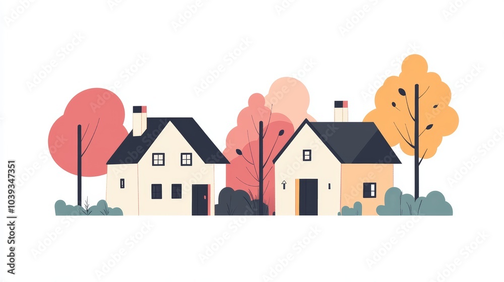 Charming Autumn Village Scene with Vibrant Trees and Cozy Houses Charming Autumn Village Scene with Vibrant Trees and Cozy Houses