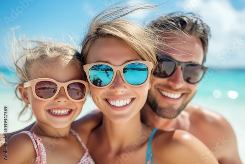 Young family enjoying a day at the beach, Generative AI