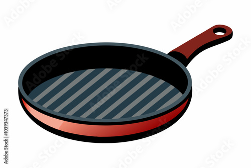 An empty frying pan with a black handle placed on a white background