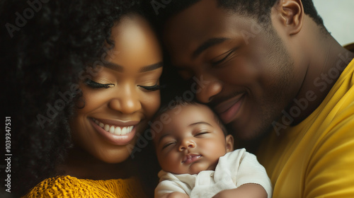 A joyful Black couple warmly embraces their newborn baby in a cozy indoor setting during a tender family moment photo