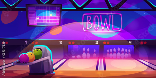 Bowling club interior design. Vector cartoon illustration of sports center with balls on shelf, pins on alleys, score screen on ceiling, neon illumination decor on wall, active leisure, weekend fun