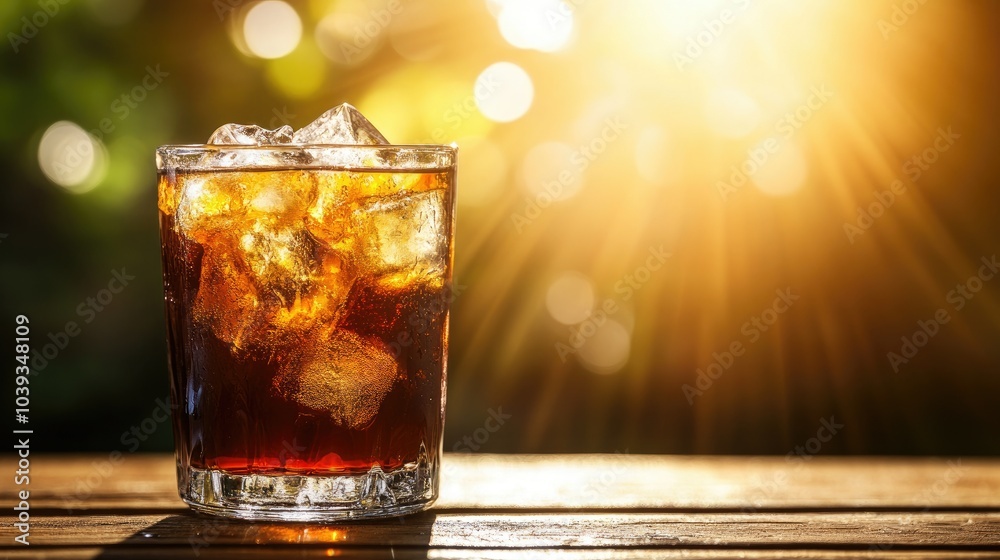 A close-up shot of a clear glass filled with iced coffee on a wooden table, with soft sunlight A close-up shot of a clear glass filled with iced coffee on a wooden table, with soft sunlight