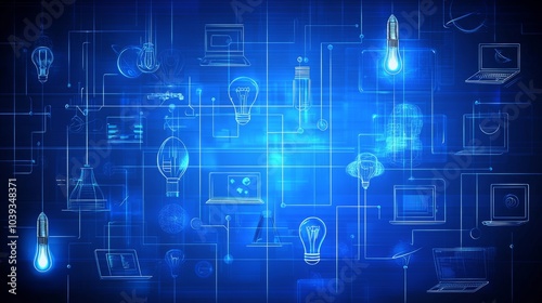 Abstract blue digital network background with lightbulbs and laptops.