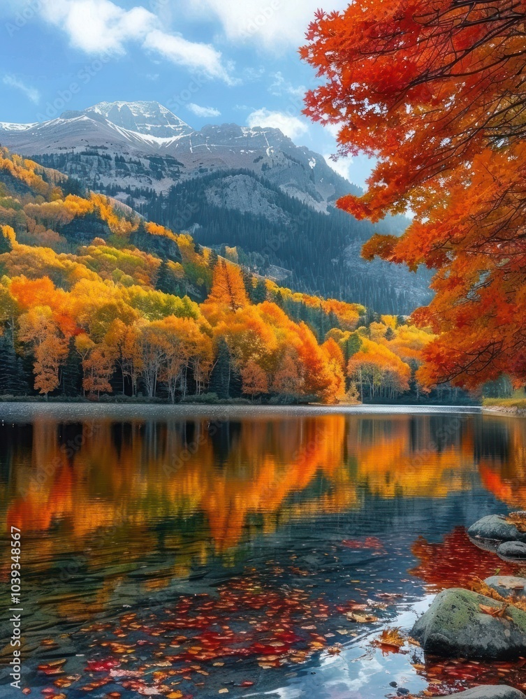 Obraz premium Autumn landscape with a serene lake surrounded by vibrant orange, red, and yellow foliage. Still water perfectly mirrors the colorful trees and the mountains in the background.