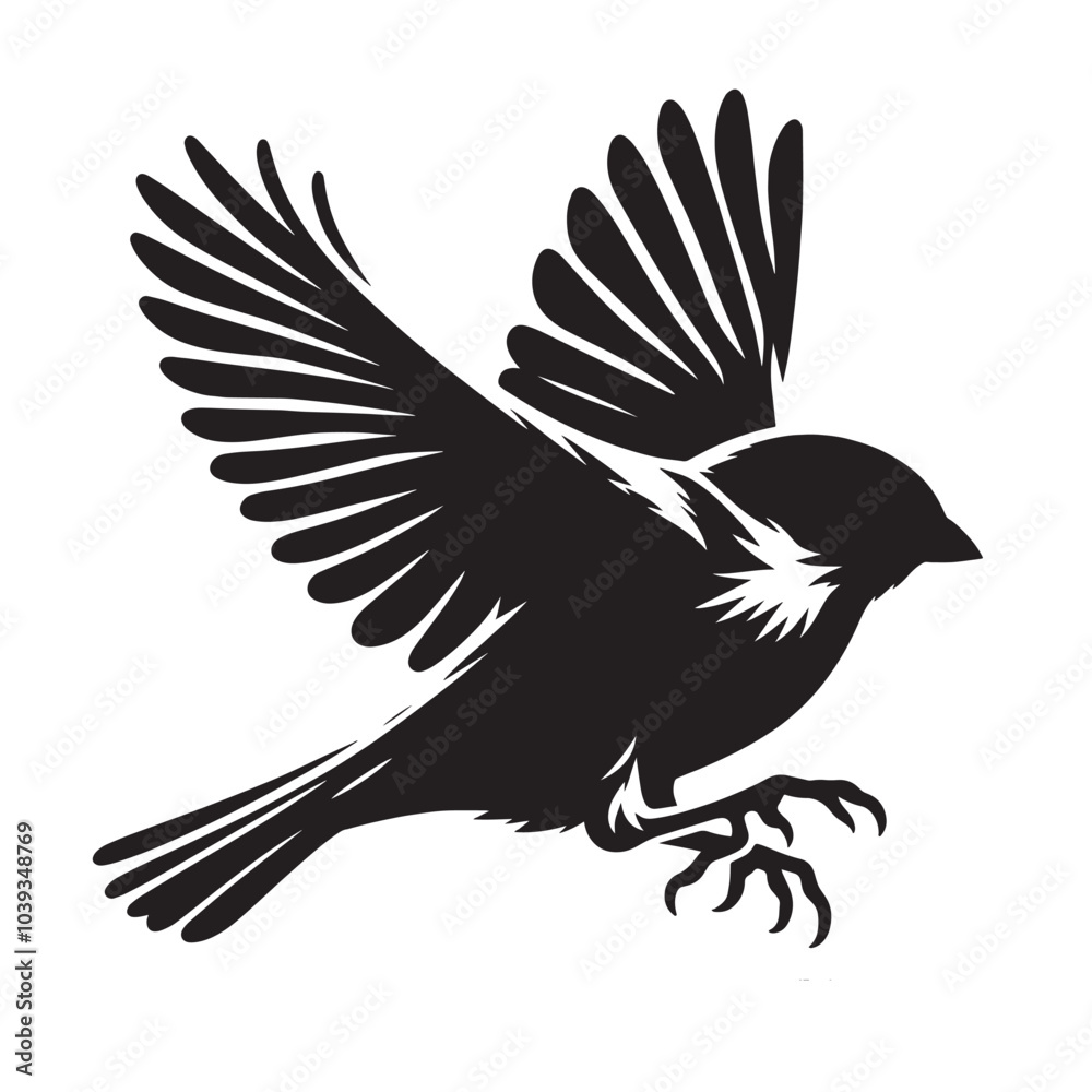 Obraz premium Black silhouette of a bird flying with spread wings.
