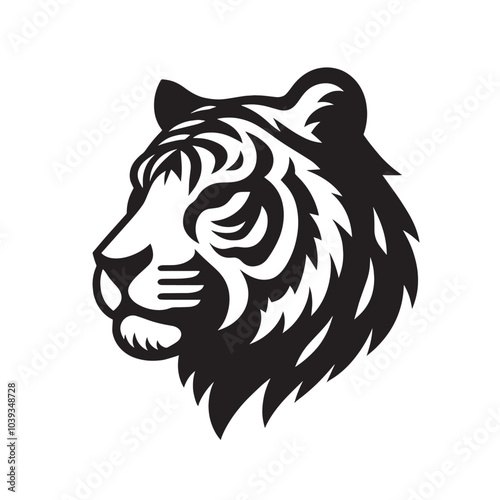 Black and white vector illustration of a tiger head in profile.