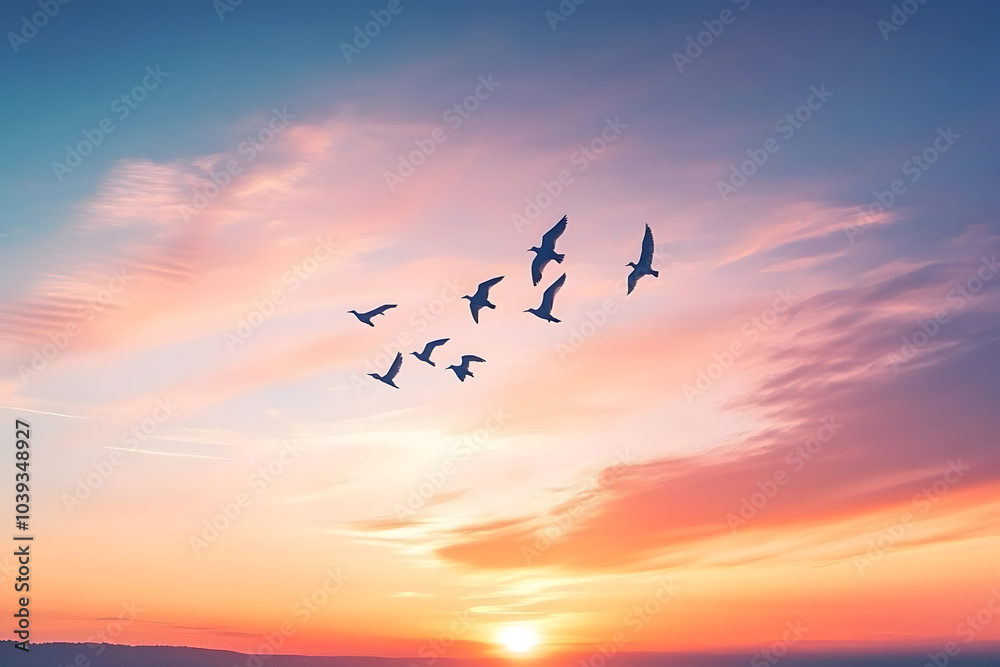 Migrating birds flying at sunset Migrating birds flying at sunset